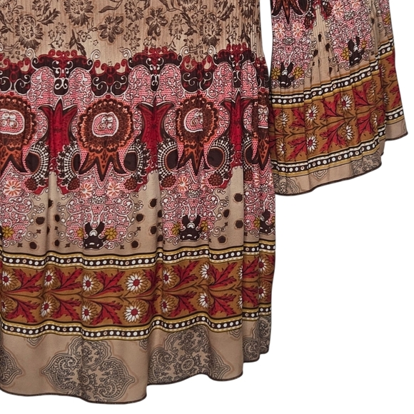 Nicola Womens Boho Chic Mixed Print Pleated Beaded Bell Sleeves Blouse Medium - Picture 3 of 8